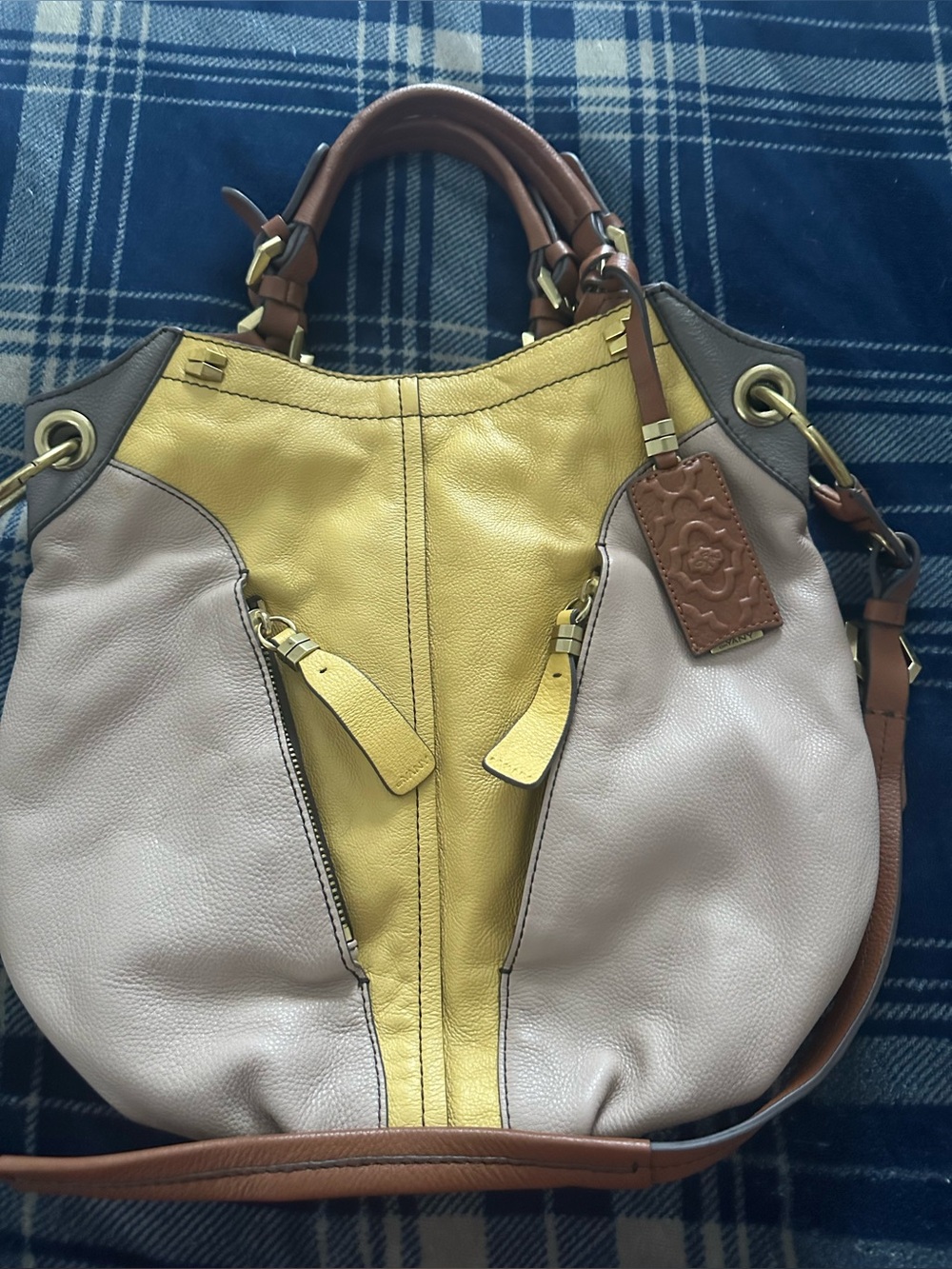 OrYANY Leather Shoulder Bag in Yellow, light tan & dark tan handles